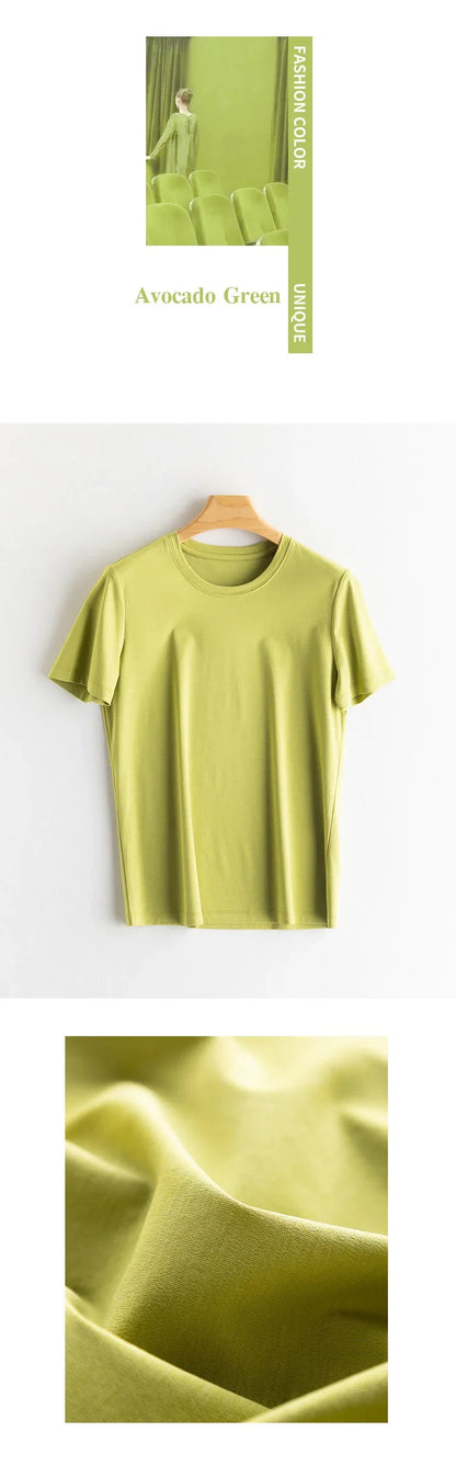 Women Solid T shirts, Silk Cotton Blend, O Neck, Short Sleeved Solid Tee,2025 Summer Candy Colors Basic Cozy Top Green
