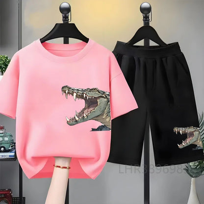 Children Tees Crocodile Head Black Suitable Girls Boy Tshirt+Shorts Kids Set Short Sleeve For Ages 3 And Up Summer Clothing