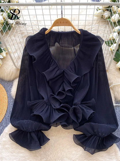 Ruffles Pleated Romantic Tops Thin Spring Summer V Neck French Elegant Blouse Fairycore Flowy Office Lady Luxury Shirt
