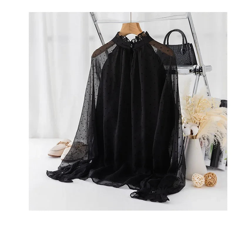 Spring Summer Black Polka Dots Mesh Women's Chiffon Blouses 2025 New Long Sleeve Stand Collar Vintage Loose Shirts Female