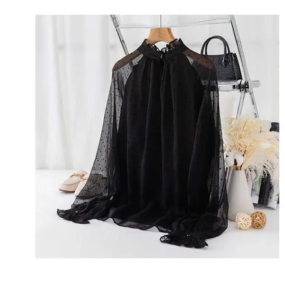 Spring Summer Black Polka Dots Mesh Women's Chiffon Blouses 2025 New Long Sleeve Stand Collar Vintage Loose Shirts Female