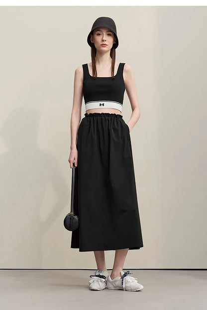 Women's Skirt 2026 Summer New Ruffle Hem Elastic Waist A-Line Midi Skirt Casual Outdoor Loose Fit Skirt For Women 12622013