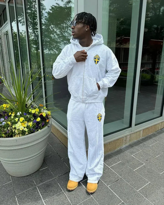 Fashion Retro Stripe Embroidery Zipper Hoodie Sweater Set Men's Two-Piece Set Hip Hood Embroidery Oversized Sweater Men's Set