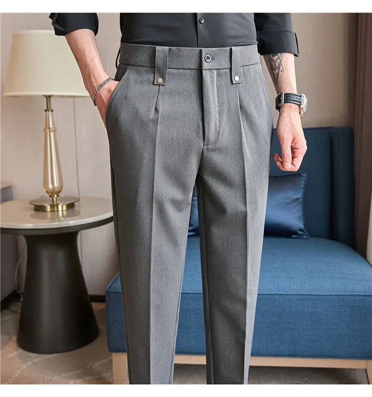 Mens Suit Pants 2026 Spring New British Style Elastic Waist Solid Casual Formal Dress Pants Slim Fit Trousers for Men Clothing