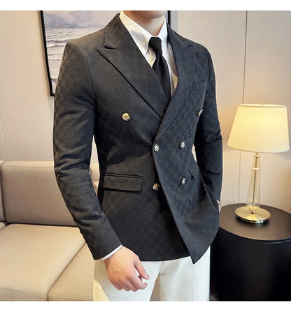 6 Color Fashion Double Breasted Plaid Suit Jacket Luxury Men Slim Fit Business Social Wedding Formal Suit Coats Plus Size 5XL-M