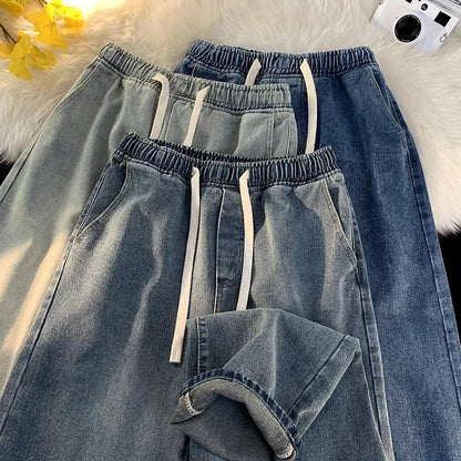 Casual Jeans Men's Baggy Straight Elastic Waist Drawstring Korea Fashion Male Vintage Denim Trousers Streetwear 3XL