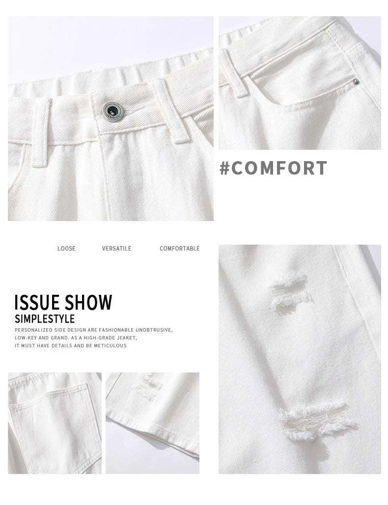 Summer New White Casual Men's Denim Shorts Ripped Fashion Loose Straight Street Bermuda Jeans Male Hole Short Pants