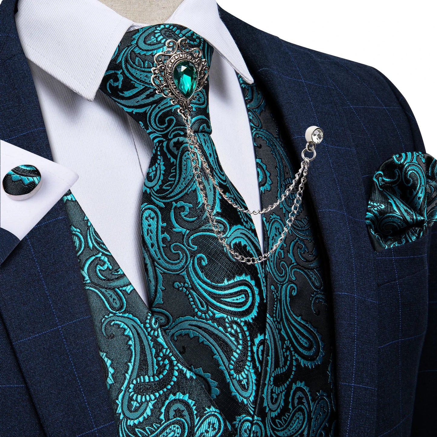 New Teal Green Paisley Formal Dress Vest Men's Suit Vest Waistcoat Tie Brooch Pocket Square Set for Tuxedo