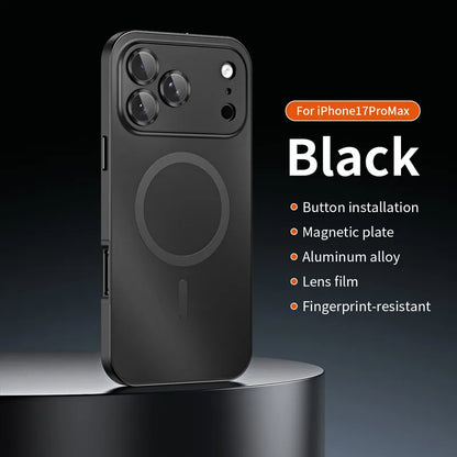 For iPhone Air, 17 Pro Max Magnetic Case ELVEV Anti-fingerprint Alloy Snap Buckle Phone Cover with Alloy Lens Ring Film