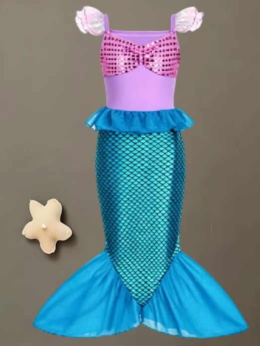 2025 Girls Mermaid Dress Princess Cosplay Party Costumes Summer Purple Elegant Flying Sleeve Fancy Dresses For 2-10Y Kids