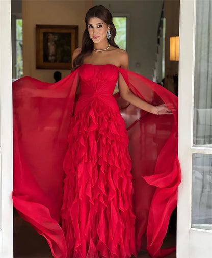 Red Off Shoulder Tiered Ruffles Prom Dress Detachable Shawl vestidos de noiva Customize A-line Floor-length Formal Evening