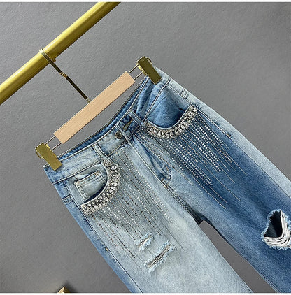 High Waist Wide Leg Jeans Women's Summer Loose Slimming Diamond Embedded Long Pants Break Hole Denim Pants Hong Kong Sle ...