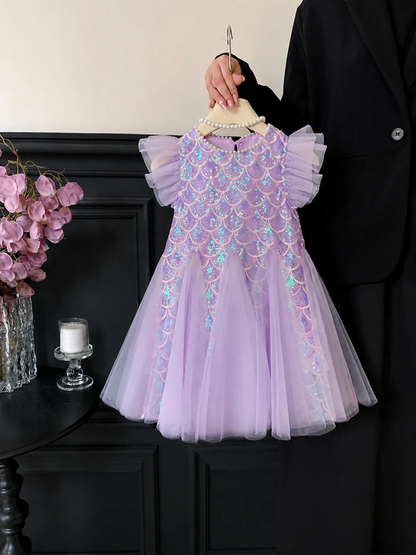Girls Purple Mermaid Sequin Tulle Dress with Bow Veil Headband Kids Flutter Sleeve Princess Birthday Party Costume Dress