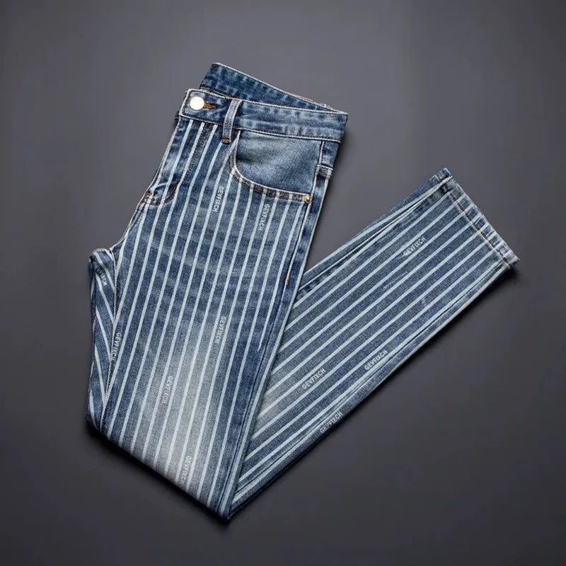 Autumn and Spring Fashion American Vintage Straight-leg Striped Jeans Men's Casual Comfortable Sports High-quality Denim Pants