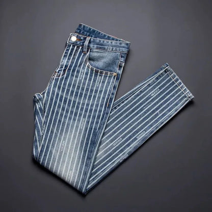 Autumn and Spring Fashion American Vintage Straight-leg Striped Jeans Men's Casual Comfortable Sports High-quality Denim Pants