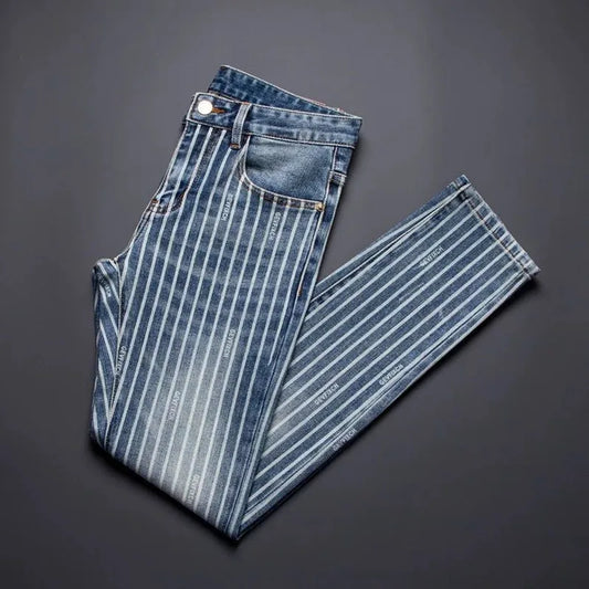 Autumn and Spring Fashion American Vintage Straight-leg Striped Jeans Men's Casual Comfortable Sports High-quality Denim Pants