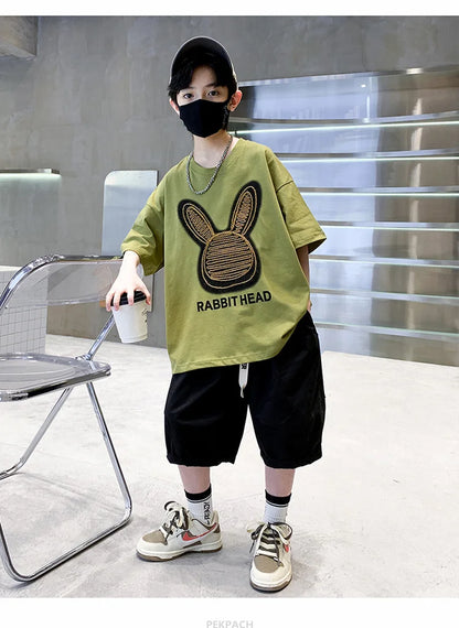 Cartoon Rabbit Boys Summer Clothing Two Piece Set Outfits Short Sleeved T-shirt Shorts Tracksuits Kids Children Casual Costumes