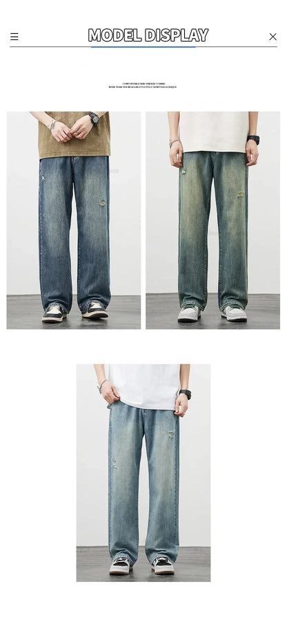 Korea Baggy Jeans Men's Vintage Straight Ripped Y2k Pants Fashion Frayed High Street Distressed Denim Trousers Male Clothes