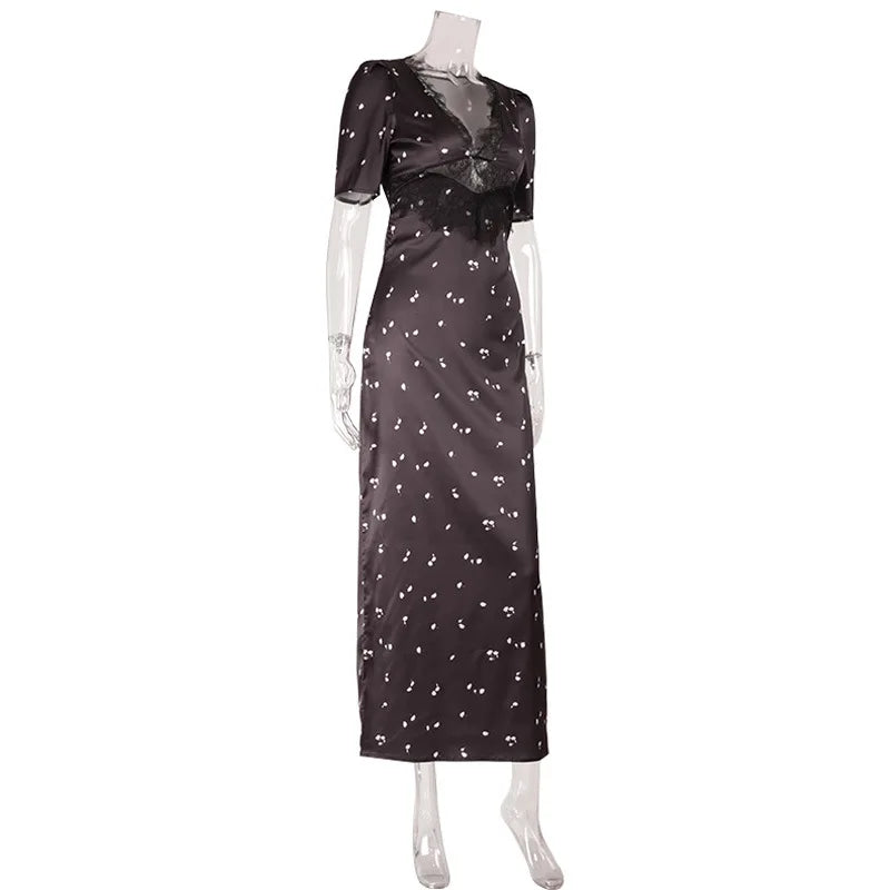 Lace Patchwork Printed Maxi Dresses For Women Fashion Sexy Streetwear Short Sleeves Slim Hollow Out Long Vestidos Robes Female