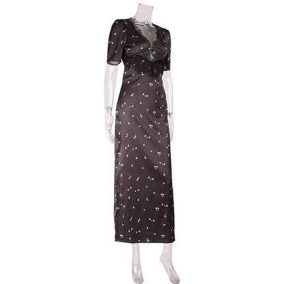 Lace Patchwork Printed Maxi Dresses For Women Fashion Sexy Streetwear Short Sleeves Slim Hollow Out Long Vestidos Robes Female