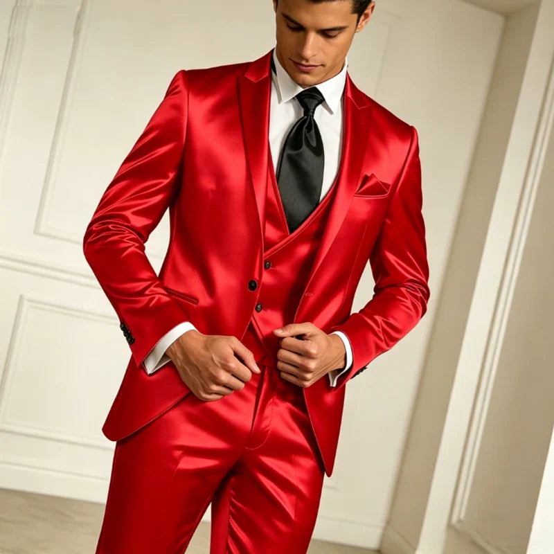 Luxury Men's Satin Suit 3 Piece Set Notch Lapel Slim Fit 1 Button Blazer Vest Pants for Formal Groom Groomsmen Prom Party