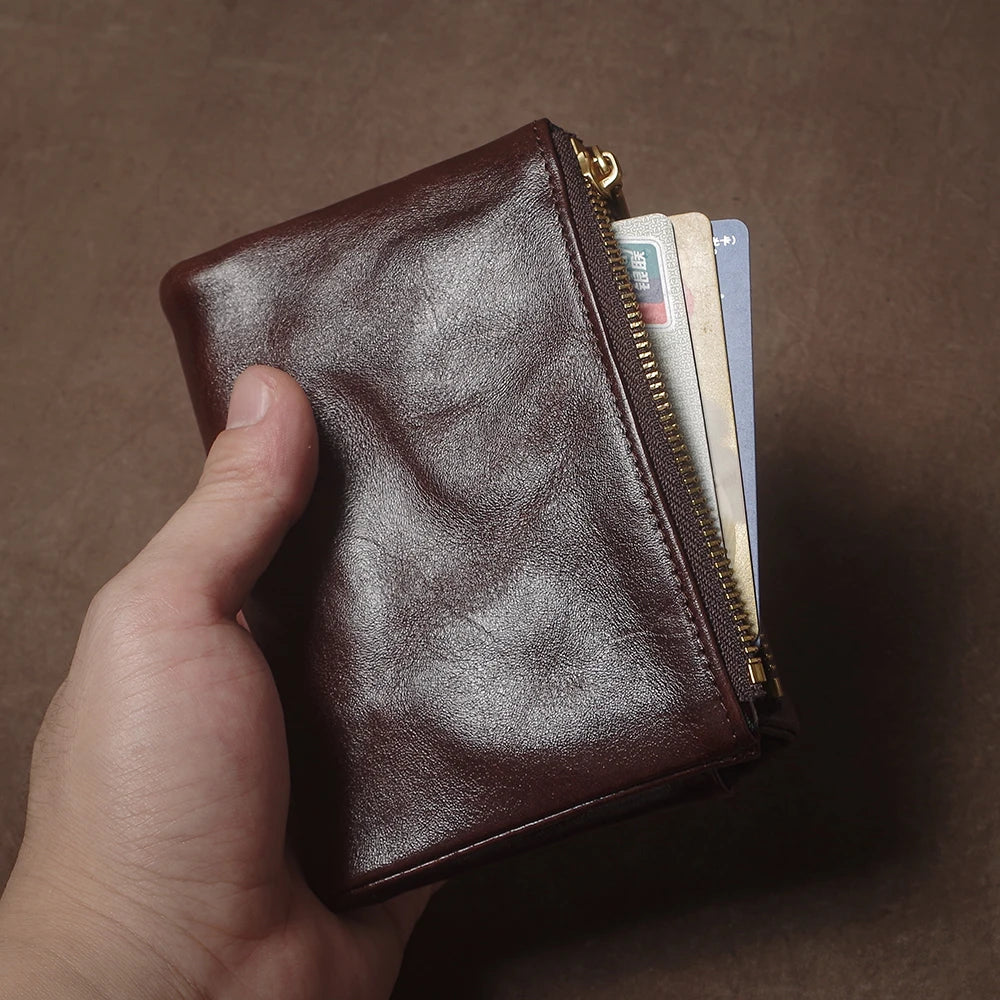 Vintage Genuine Leather Trifold Wallet for Men Women Zipper Coin Purse Driver License ID Credit Card Luxury Cowhide Wallet