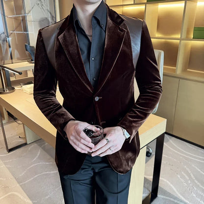 Autumn Winter New Men Mercerized Velvet Slim Fit Suit Coats Fashion Leather Splicing Casual Business Formal Party Tailcoat 4XL-M