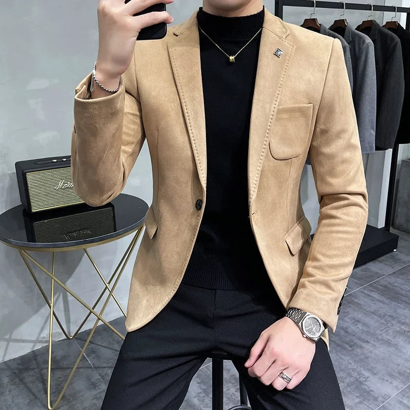 Men's Deerskin Fleece Suit Jacket 2025 Spring New High Quality Single Button Slim Fit Business Casual Suit Coat  Men Clothing