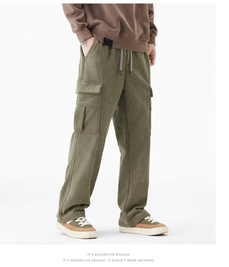 2026 New in Winter Corduroy Pants Men Straight Wide Leg Cargo Trouser Male Elastic Waist Loose Fit Thick Brown Warm Fleece Plush