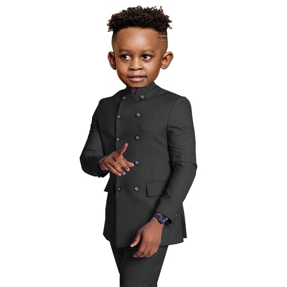 Stylish Elegant Boys Stand-up Collar Suits 2 Pieces Jacket Pants Formal Party Wear Double Breasted Kids Suit Set 2-20T