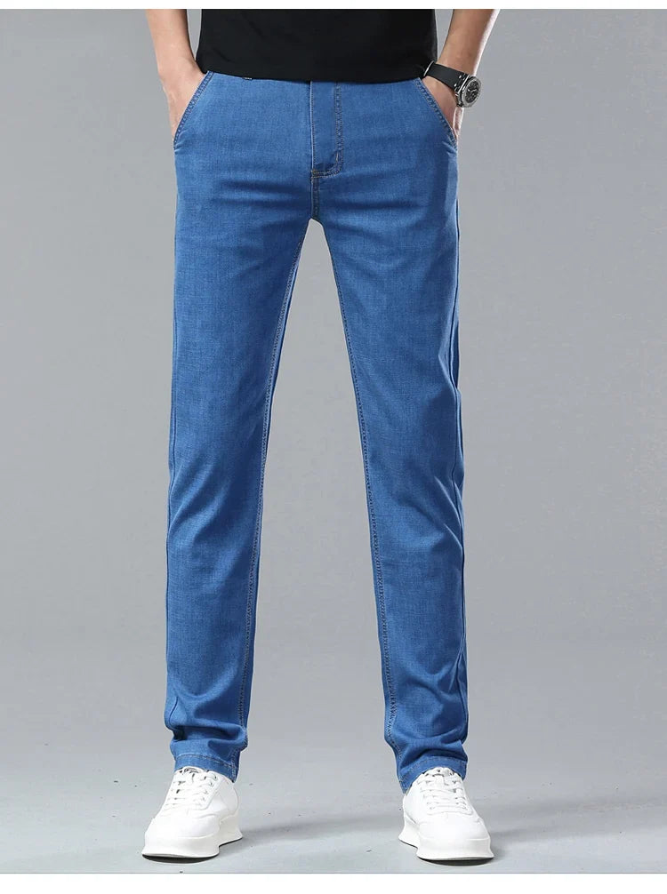 Light Blue Classic Business Casual Cotton Pants Fashion Breathable Denim Elastic Trousers Brand Men's Clothing Straight Jeans