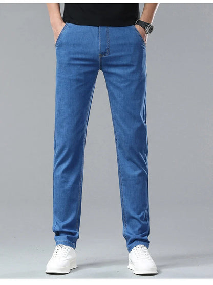 Light Blue Classic Business Casual Cotton Pants Fashion Breathable Denim Elastic Trousers Brand Men's Clothing Straight Jeans