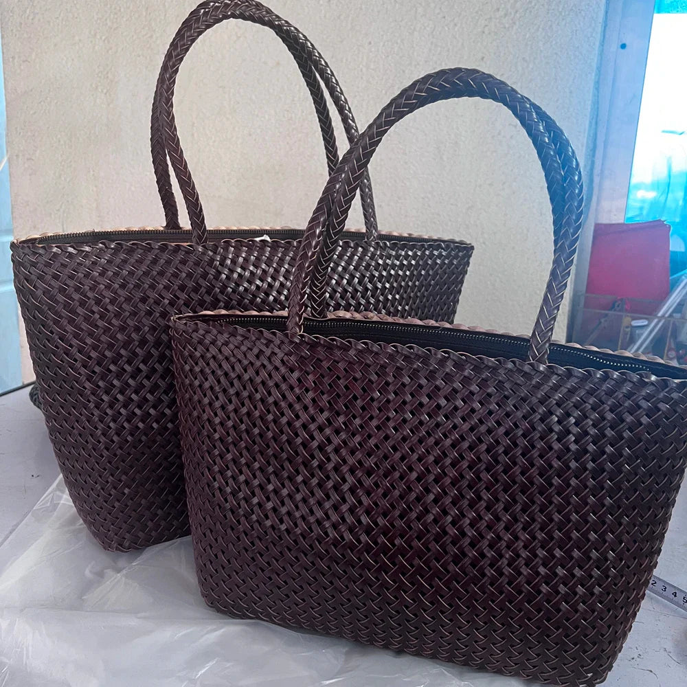 Women Leather Handbag Romantic Big Handmade Woven Totes Female Cowhide Big Holiday Bucket Bag Causal Beach Shoulder Handbags