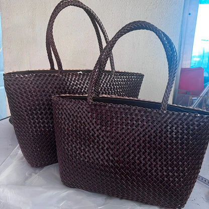 Women Leather Handbag Romantic Big Handmade Woven Totes Female Cowhide Big Holiday Bucket Bag Causal Beach Shoulder Handbags