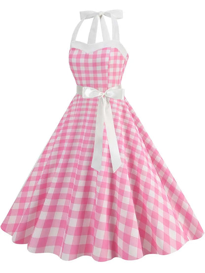 Women Summer Party Dress With Belt Polka Dot Print Halter Hepburn Robe 50s 60s Vintage Dresses