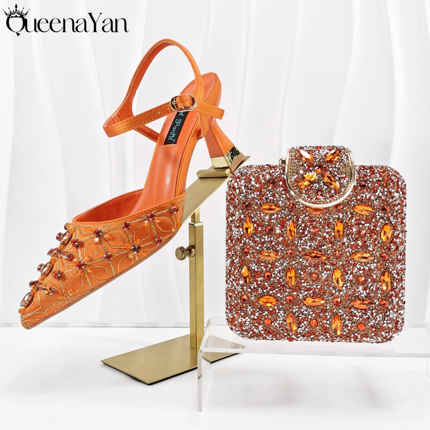Elegant Full High Quality Diamond Design Olive Color Italian Women's Shoe and Handbag Set for Weddings and Special Occasions