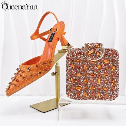 Elegant Full High Quality Diamond Design Olive Color Italian Women's Shoe and Handbag Set for Weddings and Special Occasions