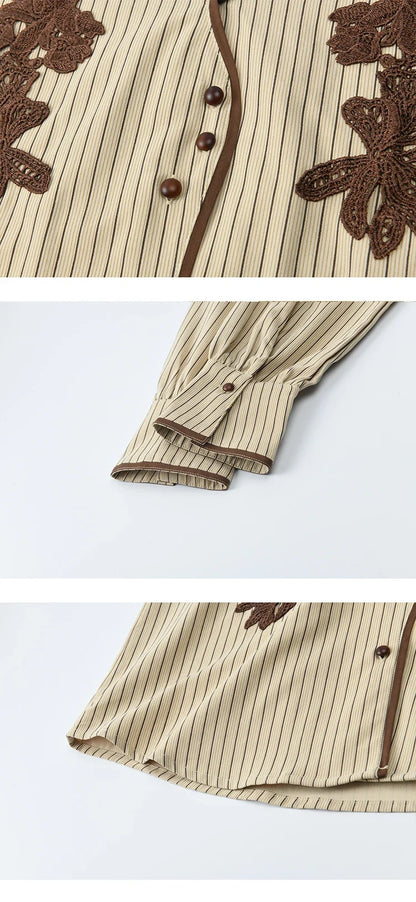 Khaki Brushed Striped Shirt 2025 Autumn Vintage Lace Embroidered Long Sleeved Shirts Asymmetric Placket Top MXE45C2402