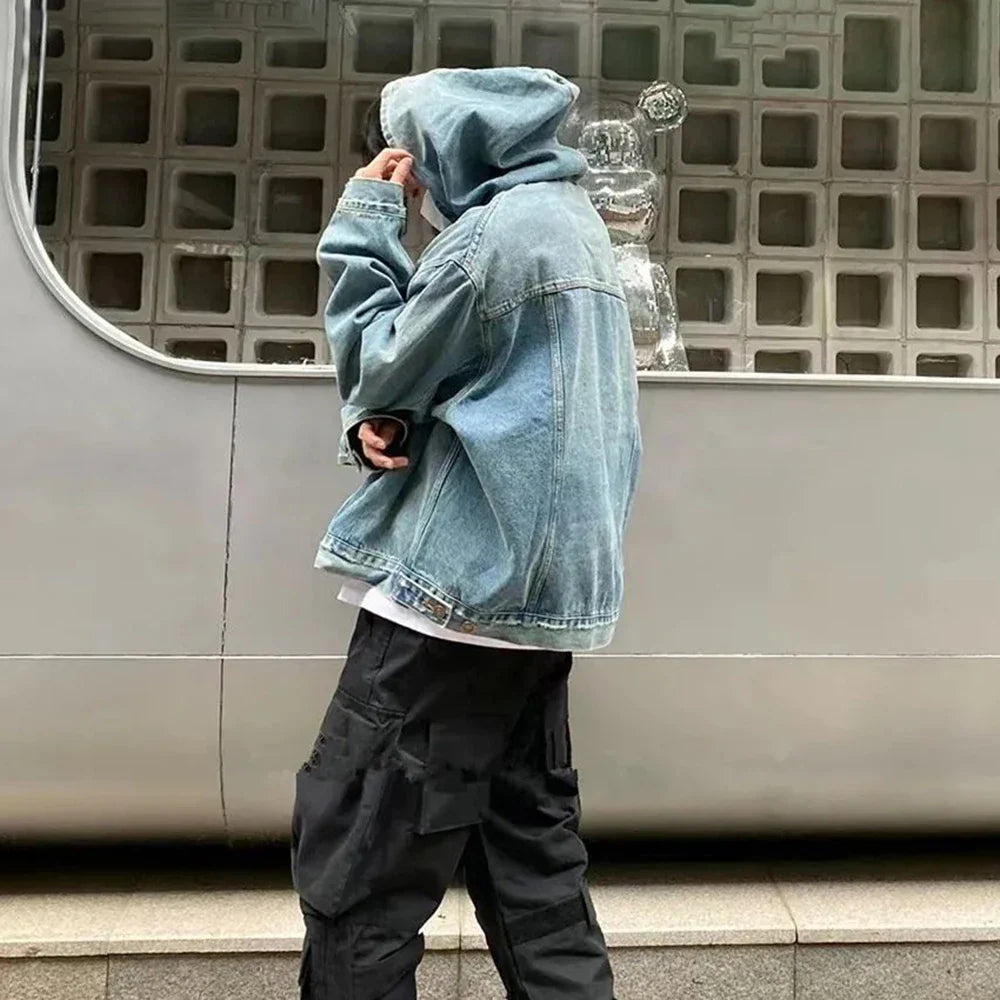 Mens Autumn Fashion Denim Washed Distressed Retro Hoodie Genderless Street Fashion Casual Loose Denim Sweatshirt Unisex