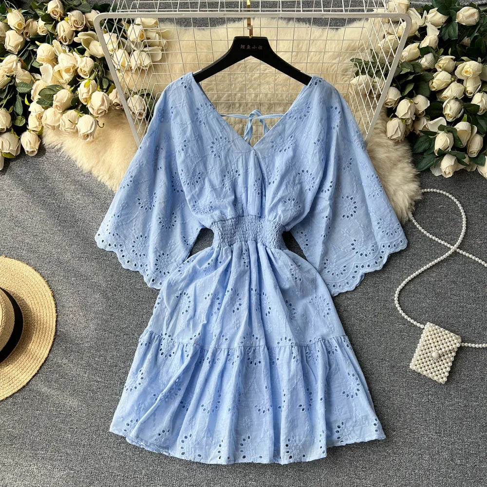 White/Purple/Blue V Neck Summer New Lace Embroidery Dress Women Short Sleeves Dresses Female Vintage Party Beach Midi Dresses