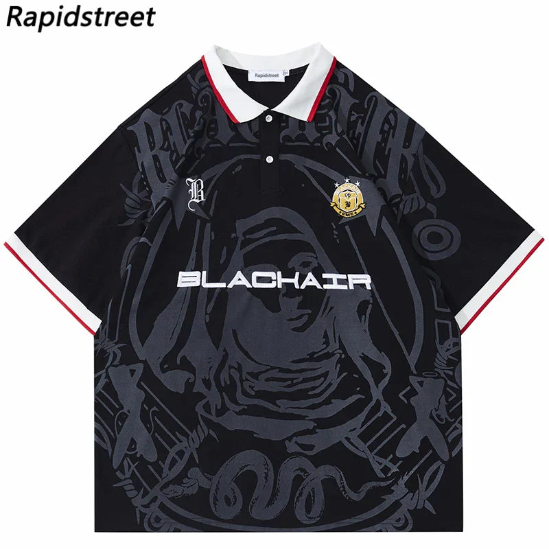 Hip Hop Streetwear Polo T-Shirt Virgin Mary Graphic T Shirt Men Polo Shirt Short Sleeve Harajuku Cotton Tops Tees Red Grey