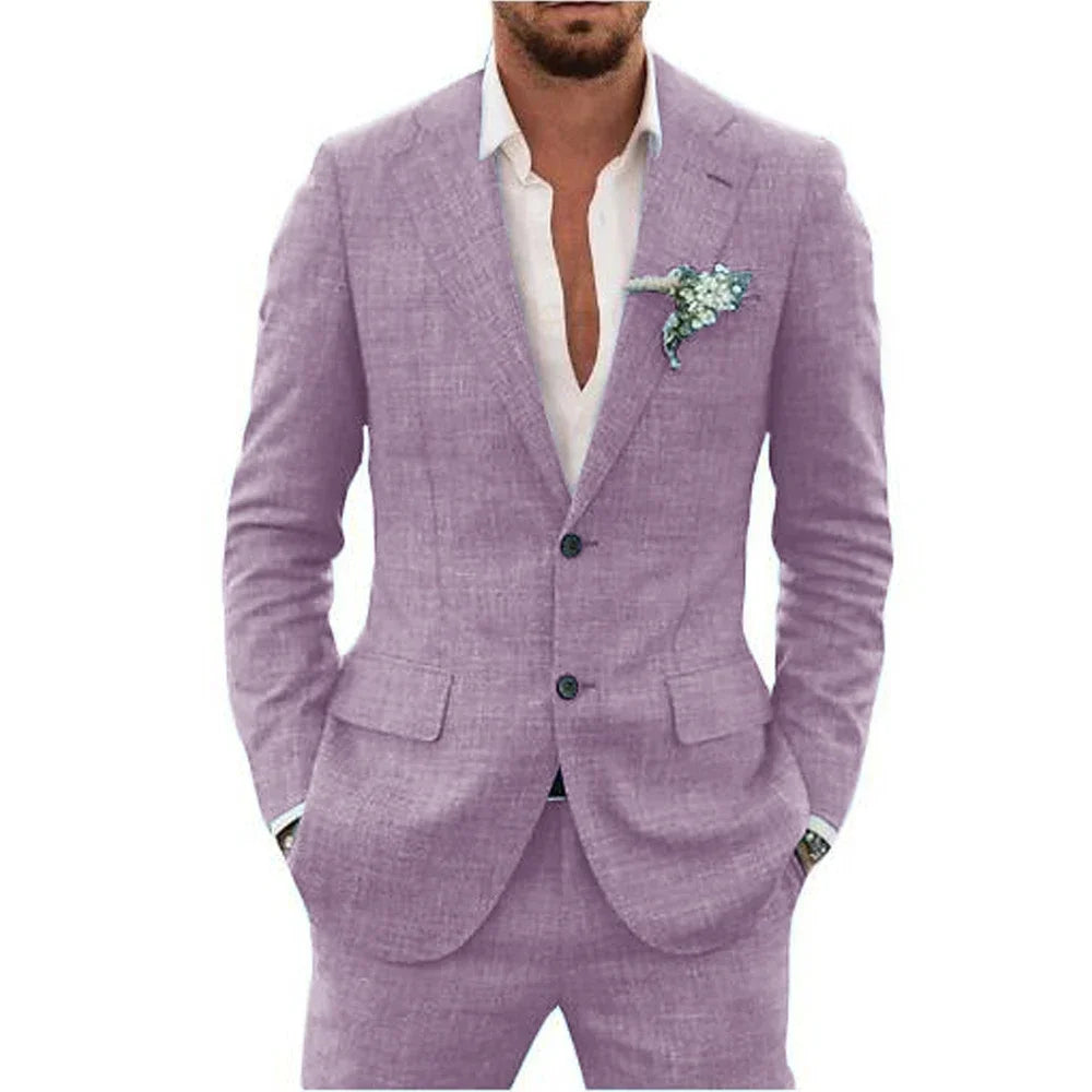 High Quality Linen Suits for Men Two Piece Formal Notch Lapel Single Breasted Male Suit Beach Casual Elegant Wedding Tuxedo