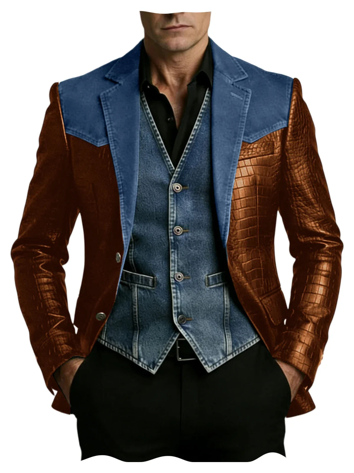 Men's Patchwork Denim & Crocodile Leather Blazer Two-Tone Western Style Suit Jacket Vintage Casual Fashion Coat
