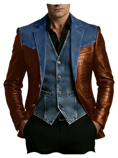 Men's Patchwork Denim & Crocodile Leather Blazer Two-Tone Western Style Suit Jacket Vintage Casual Fashion Coat