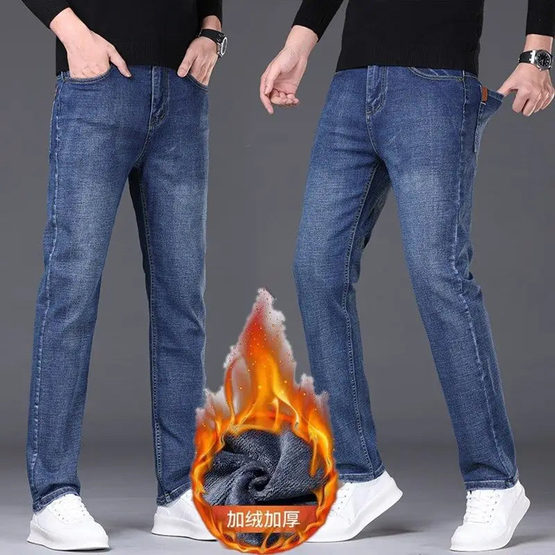 2025 Winter Men's Large Plush Thick Jeans Fashion Casual Versatile Business Jeans Warm and Cold Resistant Black Blue Denim Pants