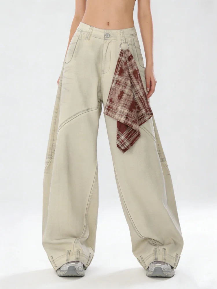 Women's Apricot Wide Jeans Vintage Harajuku Y2k Baggy Denim Long Pants Japanese 2000s Style Denim Trousers Oversize Clothes New