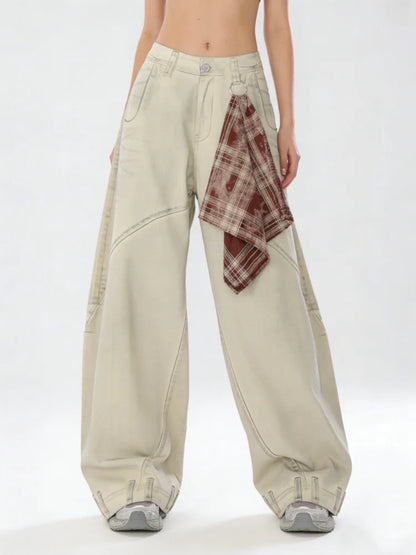 Women's Apricot Wide Jeans Vintage Harajuku Y2k Baggy Denim Long Pants Japanese 2000s Style Denim Trousers Oversize Clothes New