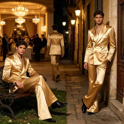 Men's Double Breasted Satin Suit Set 2 Piece Notch Lapel Gold Button Blazer Flare Pants Formal Wedding Prom Party Groom Outfit