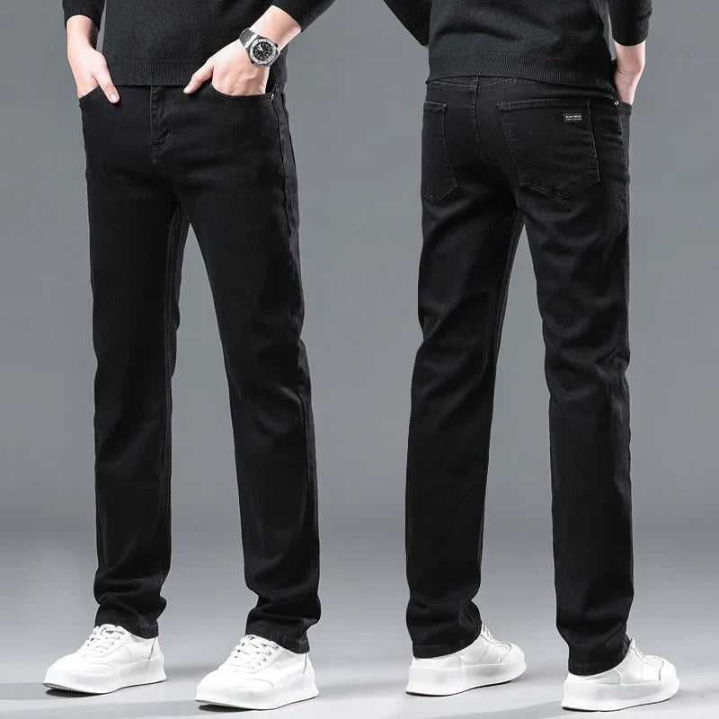 2025 New Winter Pure Black Fleece Thick Warm Jeans Men's loose Straight Elastic Denim Pants classics Casual Plush Trousers