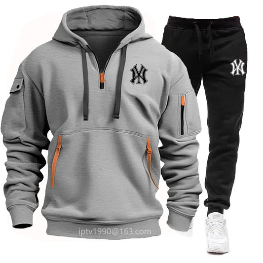 A stylish, casual and fitness two-piece set for men's autumn and winter 2025: zipper hoodie, long-sleeved pullovers and jogging